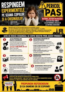 RESPINGEM EXPERIMENTELE PAS PE SEAMA COPIILOR ȘI A CHIȘINĂULUI!  REFORMA „RESTART ÎN EDUCAȚIE” ESTE UN ATAC DIRECT LA AUTONOMIA LOCALĂ ȘI LA VIITORUL EDUCAȚIEI  PROPUNEM REFERENDUM ȘI CA OAMENII SĂ SE EXPUNĂ!
